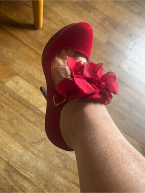 Qupid Red Floral Mary Jane Heels with Decorative Accent